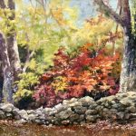 trees and stone wall painting