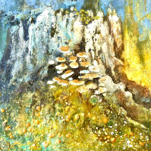 encaustic painting of a tree stump by Anne Stine