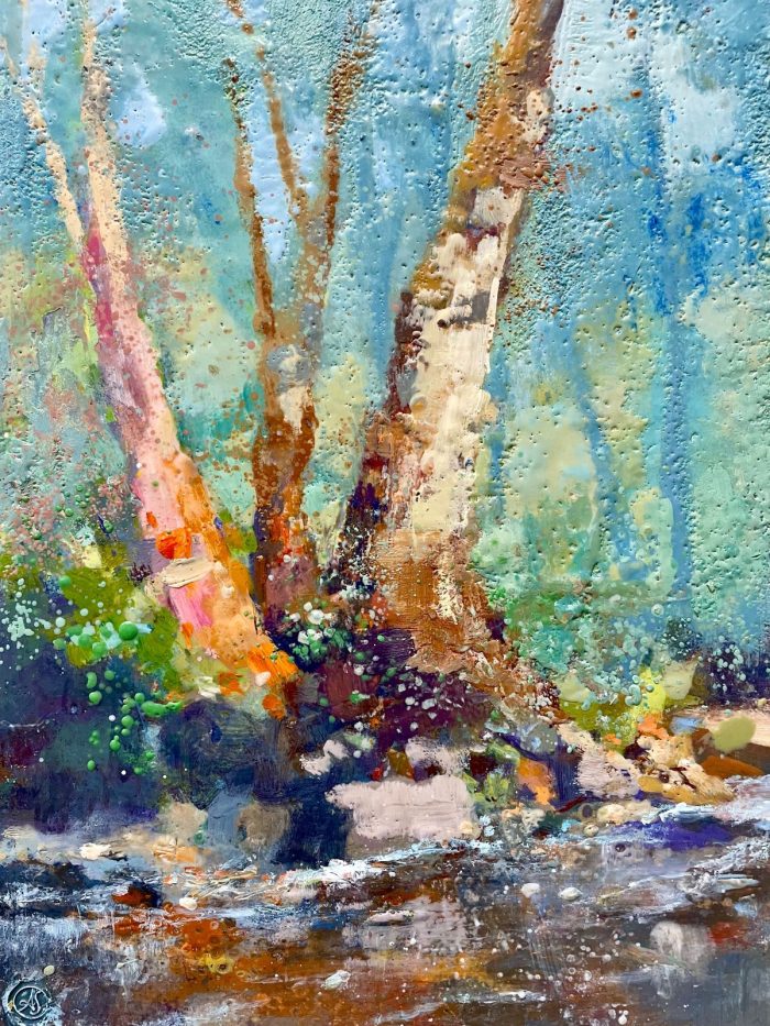 encaustic painting of a forest by Anne Stine