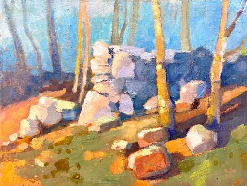 landscape painting with rocks and trees