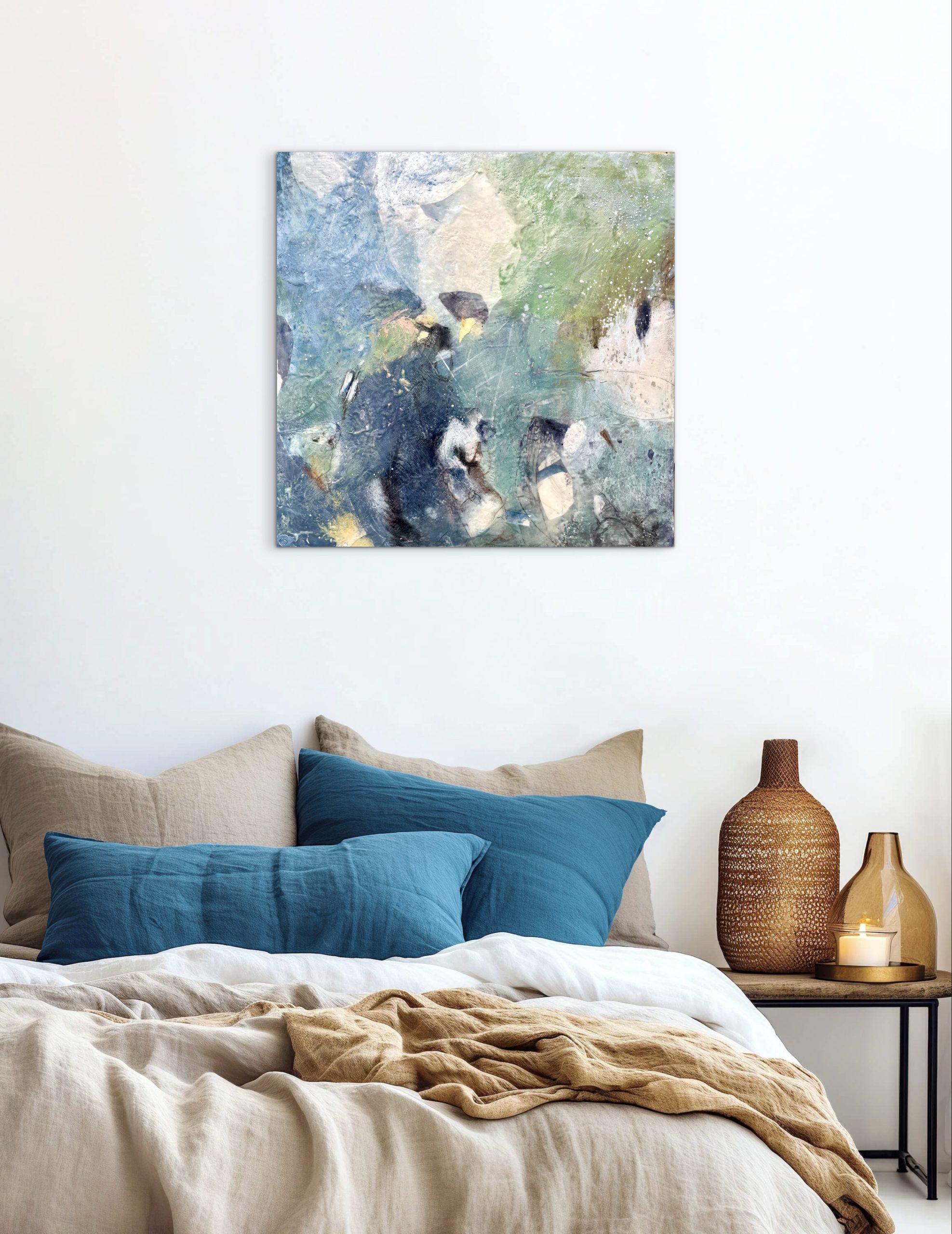 marine life painting hung in bedroom to give collectors and designers ideas for interiors