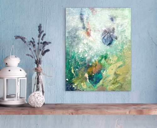 encaustic painting hanging with flowers