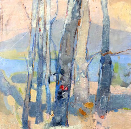 painting of a grove of trees on a river bank made in soft colors for designers