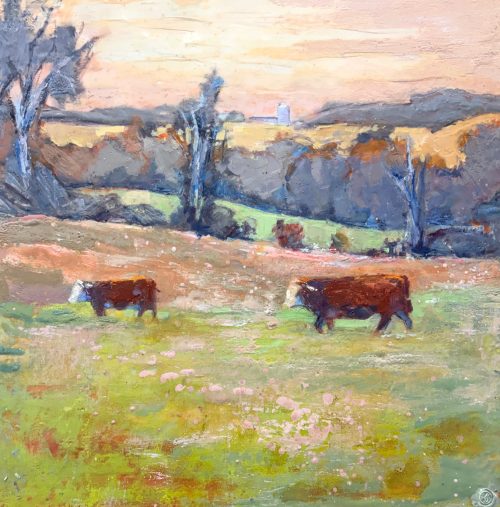 encaustic painting of cows in a pasture