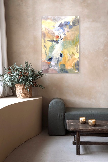 Abstract encaustic painting hanging in an interior to give collectors and designers inspiration