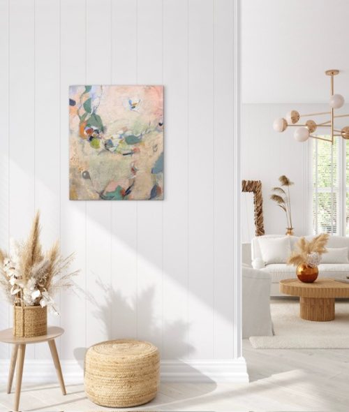 encaustic abstract painting hanging in an interior space to give designers and collections inspiration