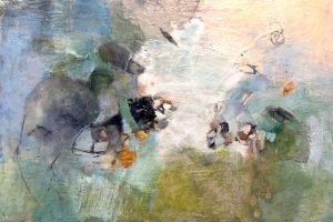 abstract encaustic painting of forest stream