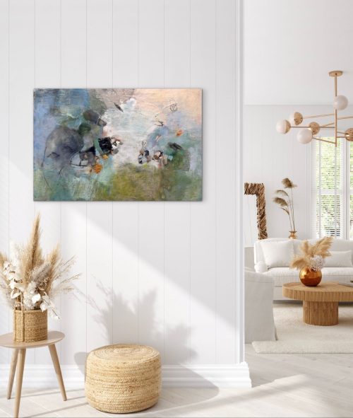 abstract encaustic painting hanging on interior wall as inspiration for art collectors and designers