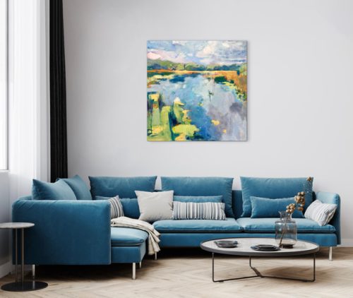 encaustic waterscape painting hanging on interior wall to show collectors how to use as interior decor